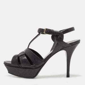 Saint Laurent Dark Grey Textured Leather Tribute Sandals Size 37