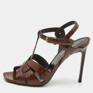 Saint Laurent Brown Croc Embossed Leather Tribute Sandals Size 38