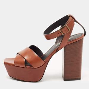 Saint Laurent Paris Brown Leather Farrah Criss- Cross Platform Ankle Strap Sandals Size 37