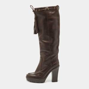 Pre Owned Saint Laurent Brown Leather Knee Length Boots Size 38.5
