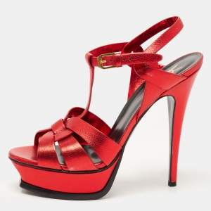 Saint Laurent Metallic Red Leather Tribute Sandals Size 39