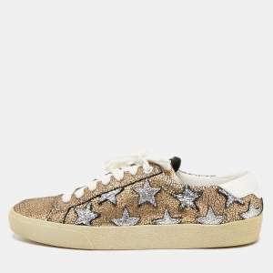 Pre Owned Saint Laurent Gold/Silver Crinkled Leather Court Classic Star Sneakers Size 38