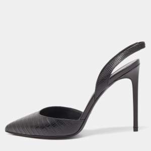 Saint Laurent Black Lizard Embossed Leather Slingback Pumps Size 37.5