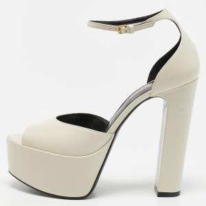 Saint Laurent Paris White Leather Peep Toe Platform Ankle Strap Sandals Size 38.5