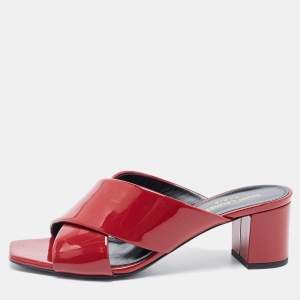 Saint Laurent Red Patent Leather Loulou Criss Cross Slide Sandals Size 38