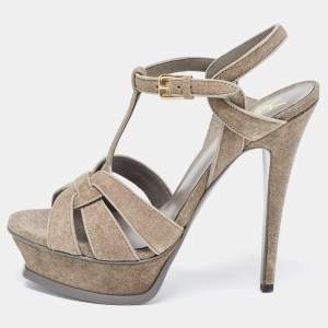 Saint Laurent Grey Glitter Suede Tribute Platform Sandals Size 38.5