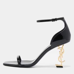 Saint Laurent Black Patent Leather Opyum Ankle Strap Sandals Size 41