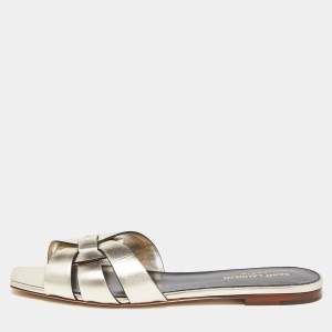 Saint Laurent Gold Leather Tribute Flat Slides Size 38.5 