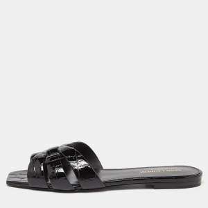 Saint Laurent Black Croc Embossed Patent Leather Tribute Flat Slides Size 38.5