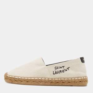 Saint Laurent White Canvas Logo Embroidered Espadrille Flats Size 35.5