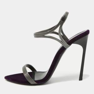 Saint Laurent Metallic Silver/Purple Leather and Velvet Ankle Strap Sandals Size 40.5