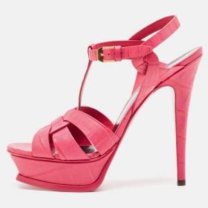 Saint Laurent Pink Croc Embossed Leather Tribute Sandals Size 38.5