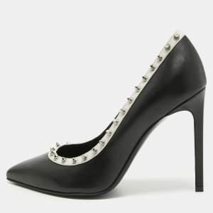 Saint Laurent Black/White Leather Studded Pointed Toe Pumps Size 36