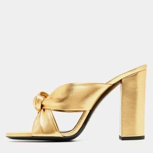 Saint Laurent Gold Gold Leather Bianca Slides Size 38.5