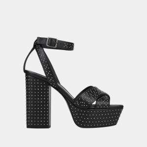 Saint Laurent Black Studded Leather Platform Ankle Strap Sandals Size 37