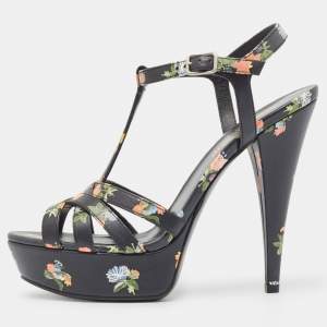 Pre Owned Saint Laurent Black Floral Print Leather Platform Sandals Size 37.5