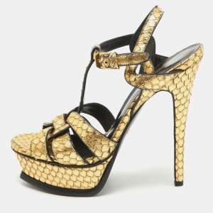 Saint Laurent Gold Embossed Python Tribute Sandals Size 36