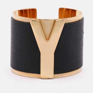 Yves Saint Laurent Black/Gold Tone Metal and Leather Y Wide Cuff Bracelet