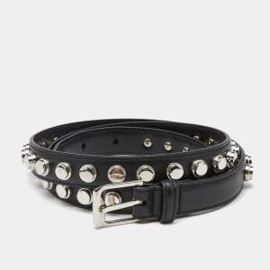 Saint Laurent Black Leather Studded Slim Buckle Belt 100CM