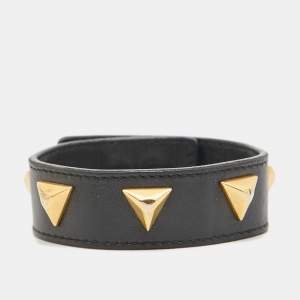 Saint Laurent Paris Black Leather Triangle Studs Gold Tone Cuff Bracelet