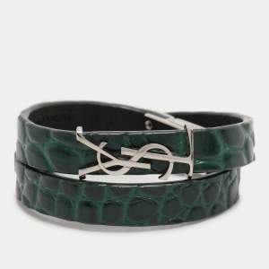 Saint Laurent Green Croc Embossed Leather YSL Monogram Double Wrap Bracelet