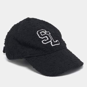 Saint Laurent Black Logo Wool Boucle Tweed Baseball Cap Size 56