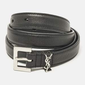 Saint Laurent Black Leather Cassandre Buckle Belt 80CM