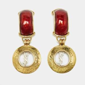 Saint Laurent Paris Enamel Gold Tone Drop Earrings