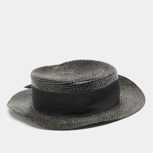 Saint Laurent Paris Black Canotier Lacquered Straw Boater Hat S