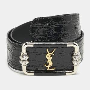 Saint Laurent Black Croc Embossed Patent Leather Logo Square Buckle Belt 70CM