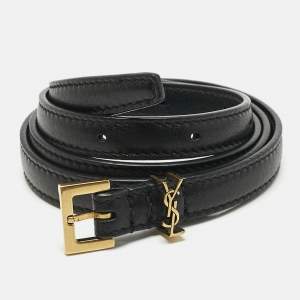 Pre Owned Saint Laurent Black Leather Cassandre Extra Thin Belt 70 cm