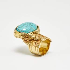 Pre Owned Saint Laurent Arty Glass Gold Tone Ring Size 53