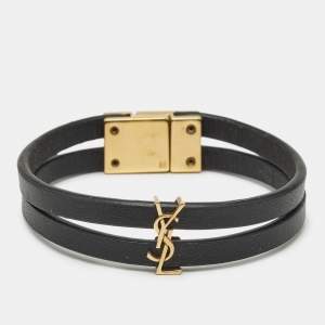 Pre Owned Saint Laurent Cassandre Leather Gold Tone Bracelet