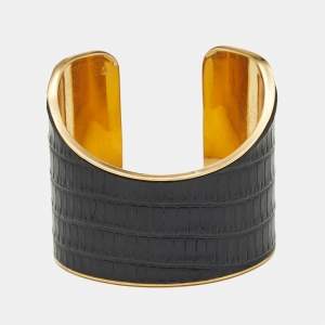 Pre Owned Saint Laurent  Black Leather Gold Tone Bracelet