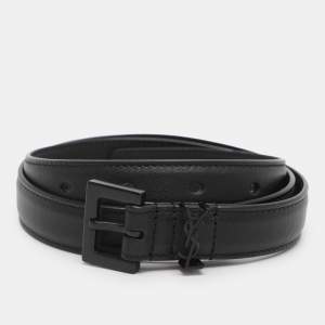 Pre Owned Saint Laurent Black Leather Monogram Skinny Buckle Belt 70CM