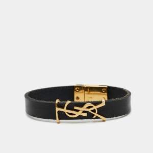مملوكة مسبقًا Saint Laurent Opyum Black Leather Gold Tone Bracelet