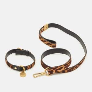 Pre Owned Saint Laurent Brown Leopard Print Calfhair Dog Collar and Leash 