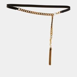Pre Owned Saint Laurent Monogram Tassel L Chain Belt Black Leather