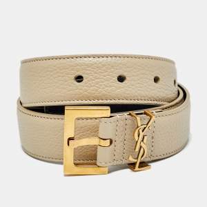 Pre Owned Saint Laurent Cassandre Square Buckle 70CM Belt Beige Leather