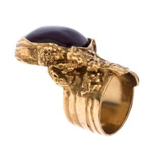 Pre Owned Yves Saint Laurent Purple Cabochon Arty Gold Tone Ring Size 57