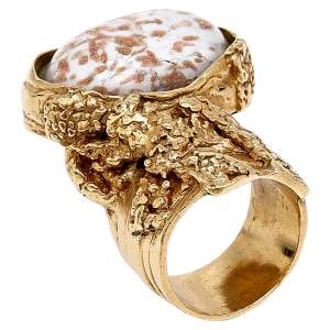 Pre Owned Saint Laurent Arty White Glass Cabochon Gold Tone Ring Size 54.5