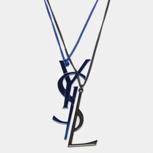 Pre Owned Saint Laurent Monogram Two Tone Metal Necklace