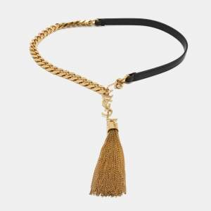 Pre Owned Saint Laurent Black Leather Monogram Tassel Chain Belt