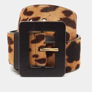 Saint Laurent Brown Leopard Print Calfhair and Leather Wide Buckle Belt 80CM