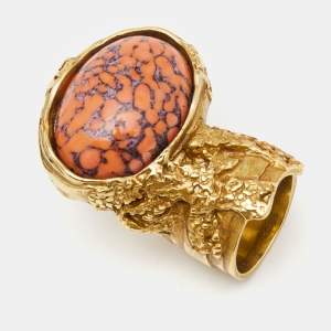 Saint Laurent Arty Coral Glass Cabochon Gold Tone Ring Size 50.5