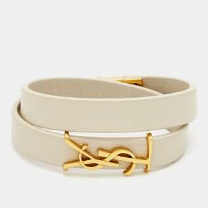 Saint Laurent Paris White Leather Opyum Gold Tone Wrap Bracelet