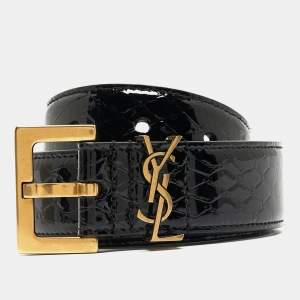 Saint Laurent Black Embossed Patent Leather Monogram Square Buckle Belt 80CM