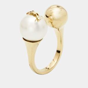Saint Laurent Faux Pearl Gold Tone Ring Size 50