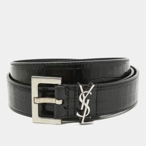 Saint Laurent Black Croc Embossed Leather Monogram Square Buckle Belt 100CM