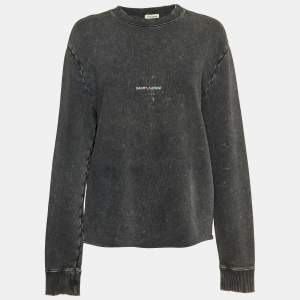 Saint Laurent Grey Washed & Printed Cotton Knit Sweatshirt M